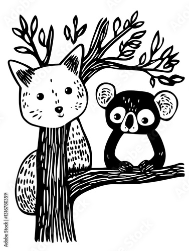 Cute woodland friends enjoying a peaceful moment in a stylized black and white illustration featuring a cat and koala