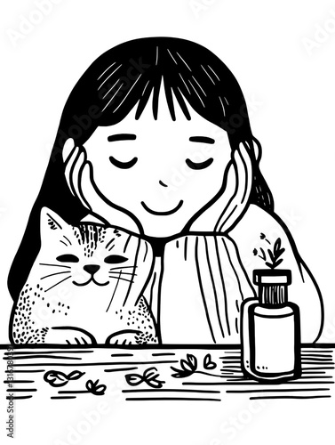 Contentment in a cozy moment with a cat and a small jar of herbs captured in a charming vector illustration