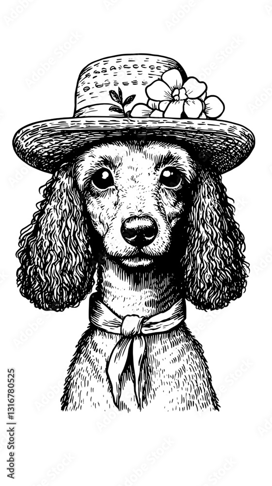 Fototapeta premium Charming dog with a stylish hat and flower, revealing a playful personality in a delightful artistic portrayal