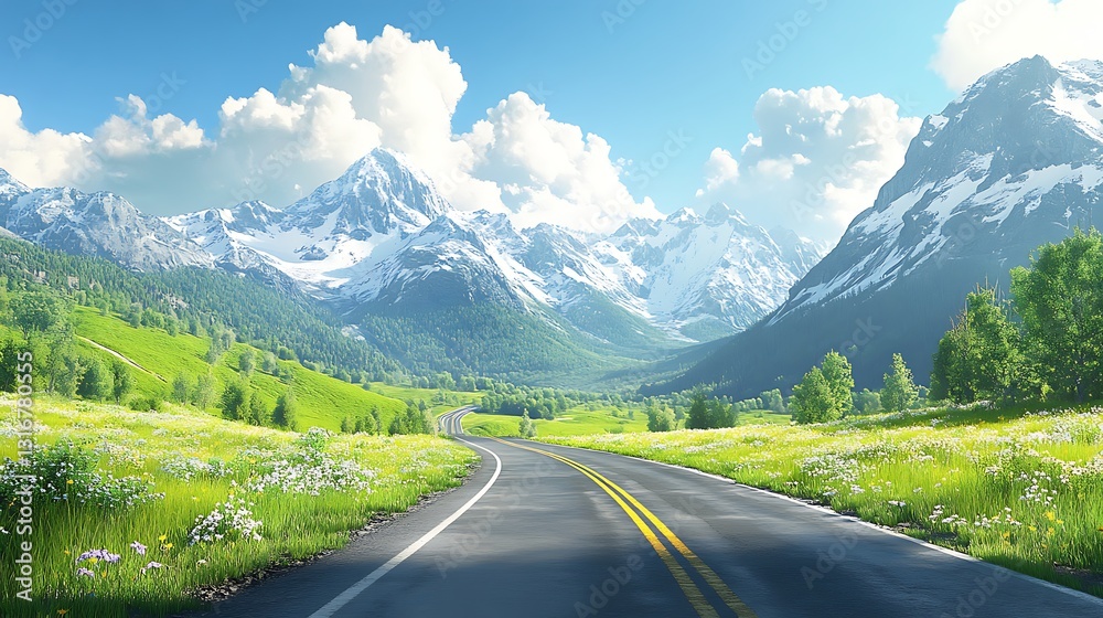Scenic road winding through vibrant green valley and majestic snow-capped mountains under a bright sunny sky. Scenic road winding through vibrant green valley and majestic snow-capped mountains under a bright sunny sky.