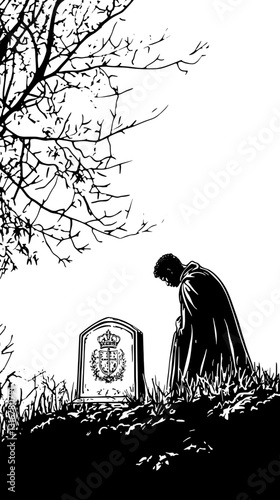 Emotional farewell at a serene gravesite under a bare tree in the quiet of dusk
