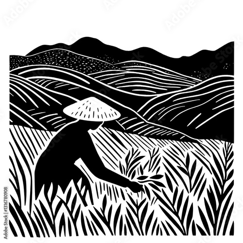 Harvesting in lush green fields with a mountain backdrop during a serene day in a countryside landscape