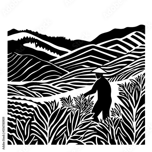 Inspired worker tending to lush crops in a stylized landscape showcasing the harmony of nature and agriculture