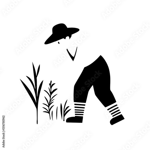 Gardener tending to plants in a minimalist style, capturing the essence of a tranquil farming landscape