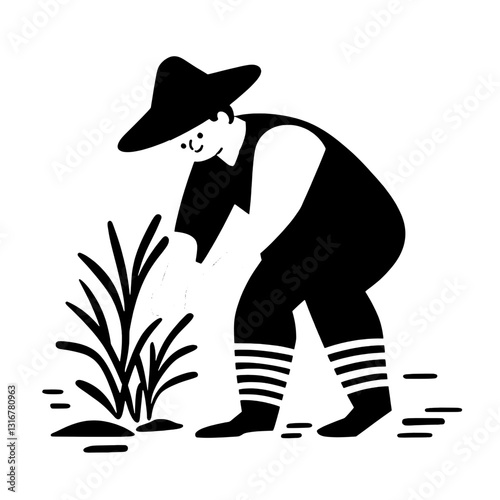 Farmer tending to crops with care in a serene countryside setting during a bright day