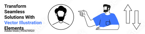 Bearded male avatar in a circle, man pointing in profile with blue shirt, and up-down arrows. Ideal for online profiles, teamwork, communication, navigation, coaching, tutorials flat landing page