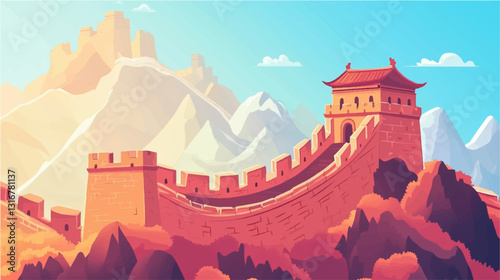 Great Wall, historical fortification, Chinese landmark vector illustration