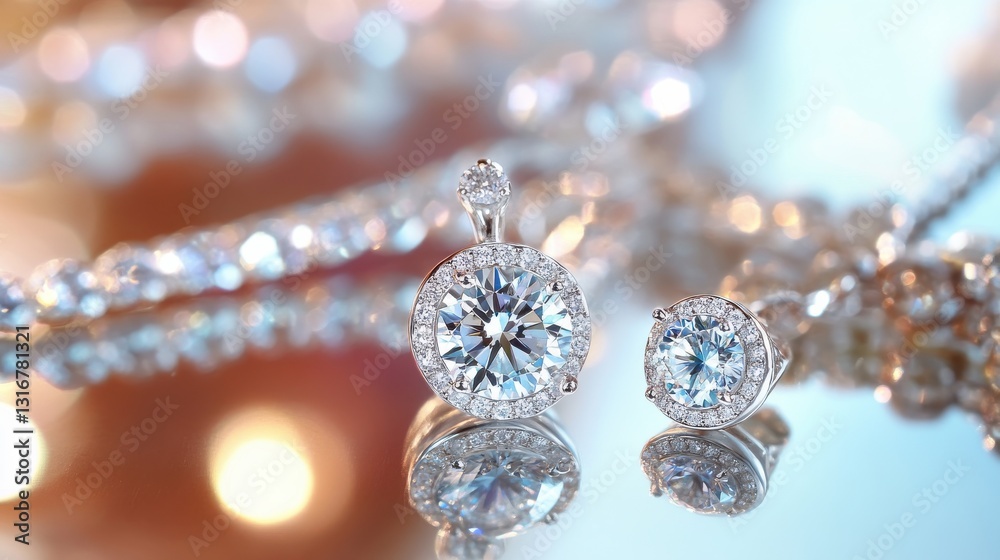 High-end Diamond Jewelry Set Displayed on Mirrored Surface High-end Diamond Jewelry Set Displayed on Mirrored Surface