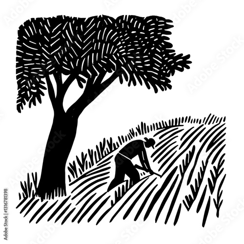 Illustration of a farmer cultivating crops under a tree in a serene rural landscape