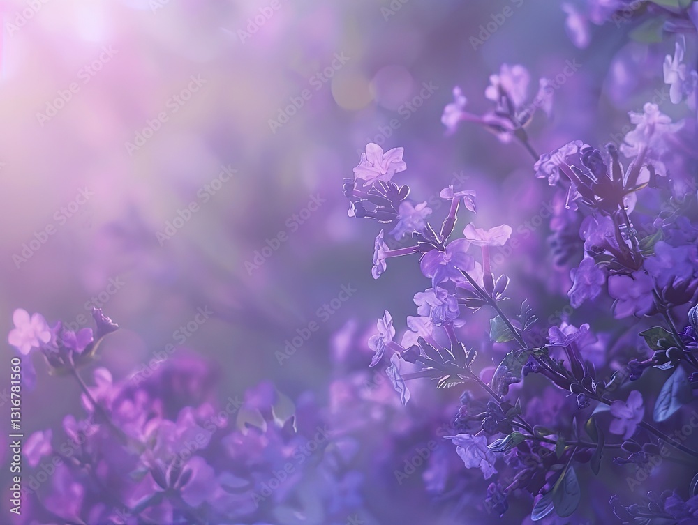 Fototapeta premium Ethereal bloom, A dreamy close-up of delicate purple flowers in soft light