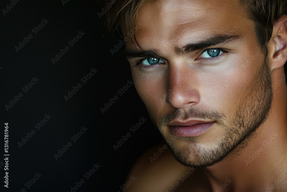 Obraz premium Close-up portrait of a handsome man with intense blue eyes and stubble. Ideal for beauty, fashion, and male grooming projects.