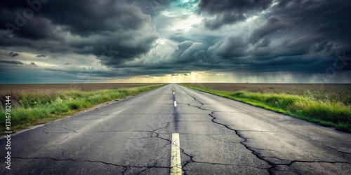 A long, cracked asphalt road stretches towards a dramatic, stormy sky, promising adventure and uncertainty ahead