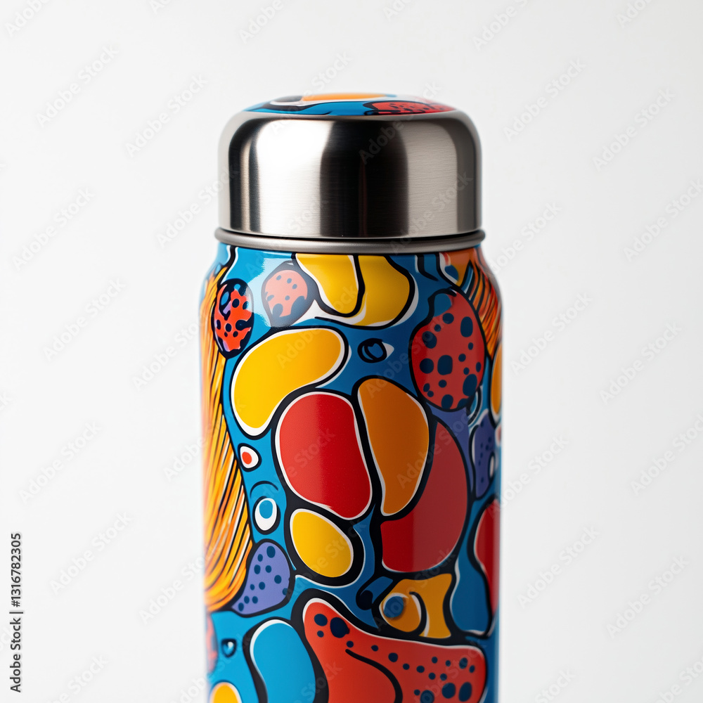 Fototapeta premium Captivating close-up of a thermos flask featuring vibrant patterns against a white backdrop.