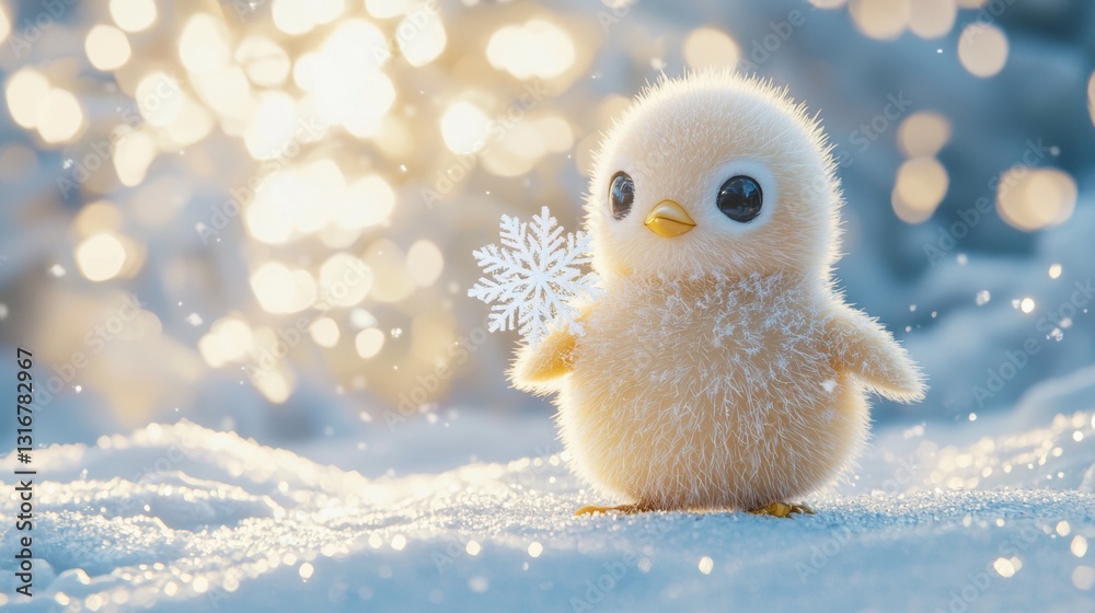 Tiny yellow penguin holding a snowflake in frosty winter landscape with soft bokeh background and sparkling snowflakes Tiny yellow penguin holding a snowflake in frosty winter landscape with soft bokeh background and sparkling snowflakes