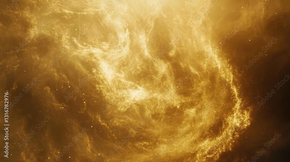 Naklejka premium Golden Swirls of Cosmic Gas and Dust Displaying Majestic Beauty of Interstellar Space Dynamics and Celestial Formation