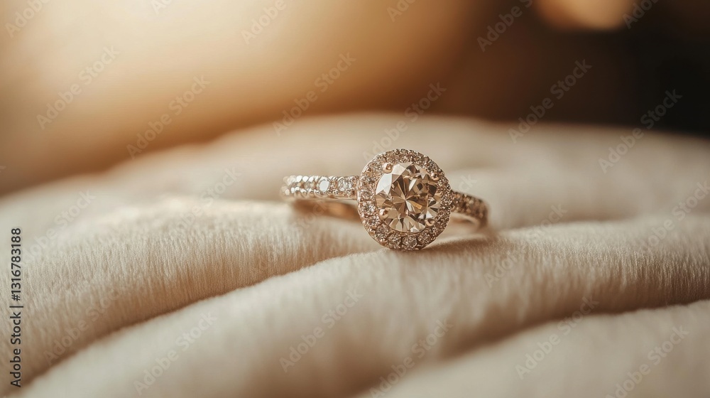 Obraz premium Close-up of Engagement Ring on Soft Beige Cushion