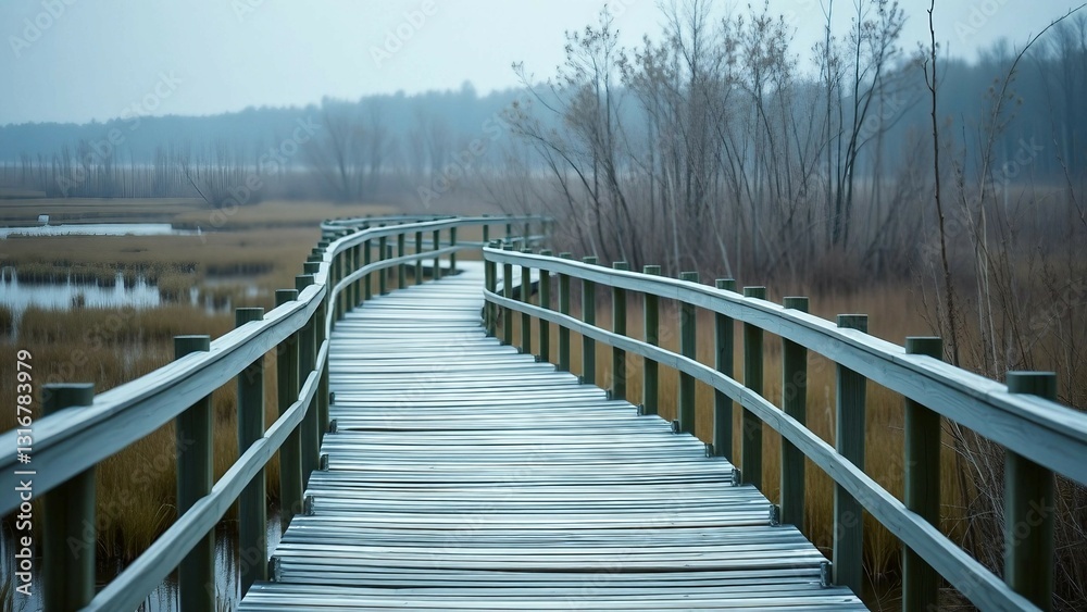 Viewer is invited to take a leisurely walk along a boardwalk in a coastal marsh where they can admir Viewer is invited to take a leisurely walk along a boardwalk in a coastal marsh where they can admir