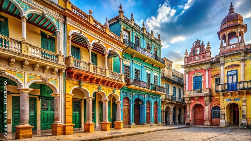 Fototapeta premium Ancient architecture, historic buildings, vibrant colors, ornate details, colonial era