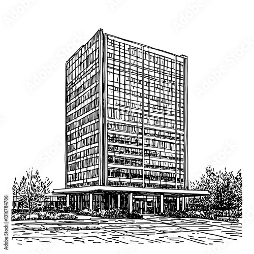 Modern architectural marvel with sleek lines and vibrant landscaping captures urban elegance in a bustling city