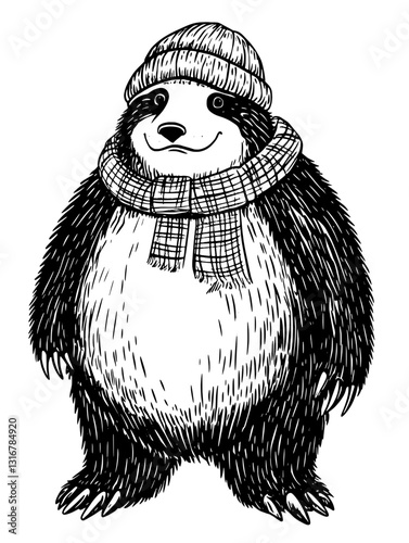 Charming panda character dressed warmly for winter adventures with cozy accessories in a playful illustration