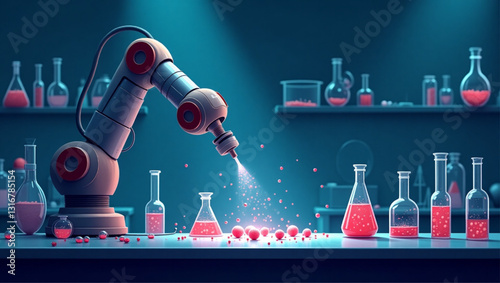 Futuristic science laboratory with robotic arm exploring alien specimen, advanced research facility, hi-tech equipment, cutting-edge technology, pharmaceutical discovery, complex machinery, innovation