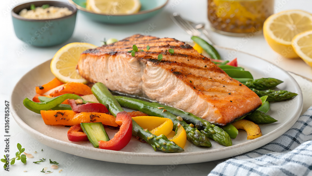 grilled salmon steak with vegetables
grilled salmon steak with vegetables