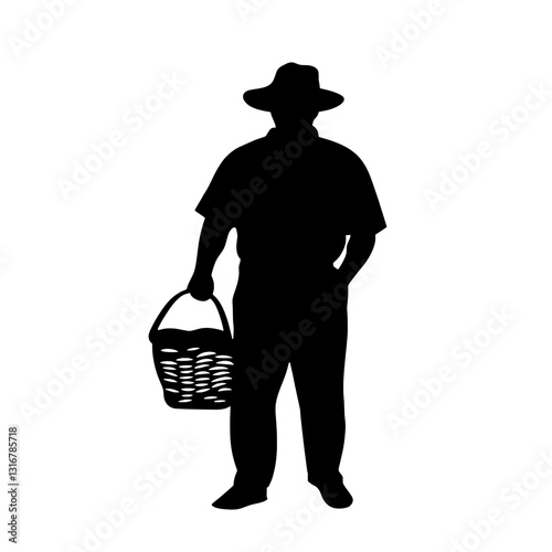 Silhouette of a farmer holding a basket in a serene countryside setting during the early morning light