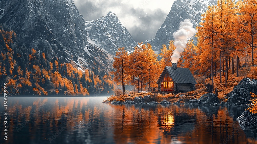 Fototapeta premium Autumn cabin by a lake, mountain scenery
