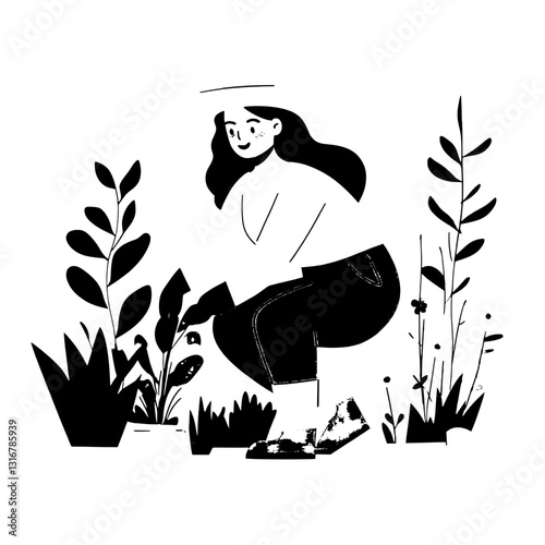 In a serene garden, a person tends to vibrant plants with care while enjoying nature's beauty and tranquility during a sunny day