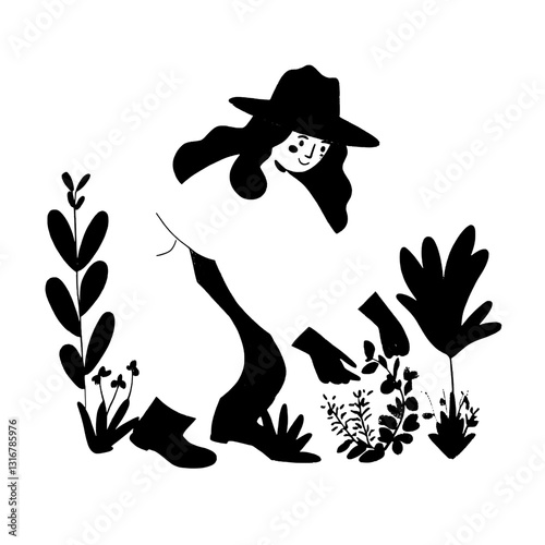 Gardening enthusiast tending to vibrant plants in a whimsical illustration of nature's beauty
