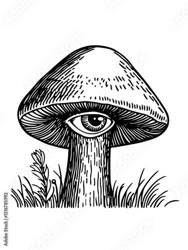 Surreal mushroom with an eye in a whimsical grassy landscape at noon with intricate details