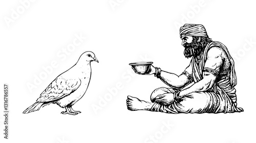 Pensive sage in meditation engages with a curious dove in a serene moment of connection and contemplation