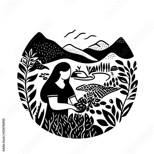 Harvesting nature's bounty in a serene valley filled with mountains and lush greenery
