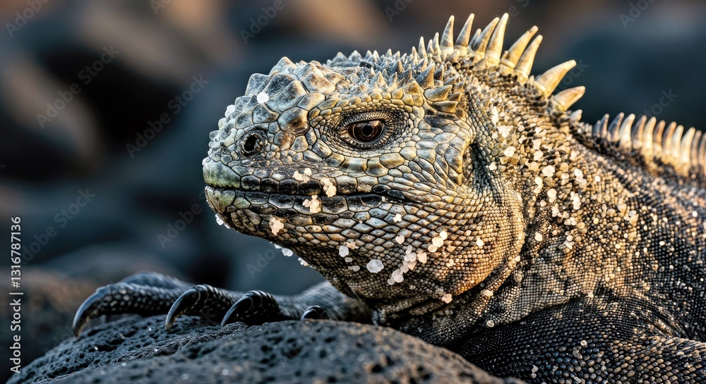 Fototapeta premium A Marine Iguana basks in the morning sun on black lava rocks, its head encrusted with salt crystals expelled from its nasal glands, a visible testament to its marine lifestyle