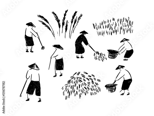 Motifs of a rice harvest in a rural setting filled with hardworking farmers and golden crops