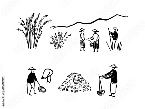Harvesting tradition in rural landscapes showcases agriculture and community cooperation among farmers in sustainable practices
