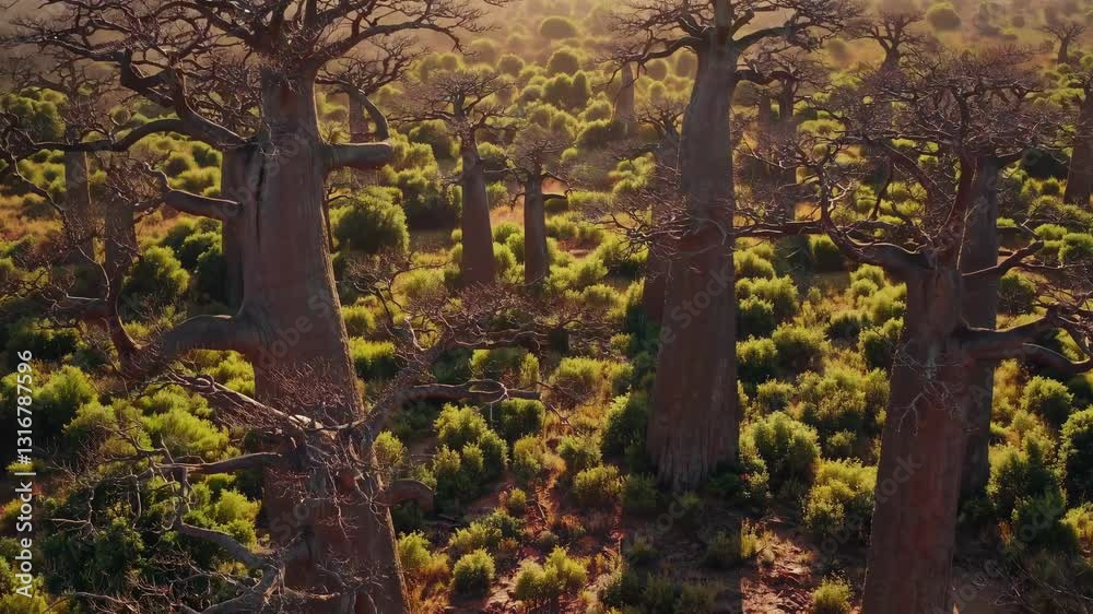 Avenue of the Baobabs in Madagascar at sunrise, with lush green vegetation surrounding majestic baobab trees Avenue of the Baobabs in Madagascar at sunrise, with lush green vegetation surrounding majestic baobab trees