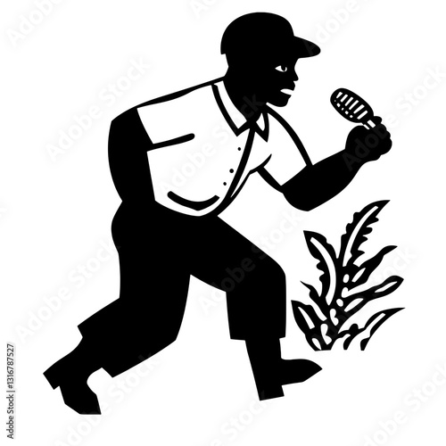Stylized silhouette of a man using a microphone while exploring nature on a sunny day in a lively outdoor setting