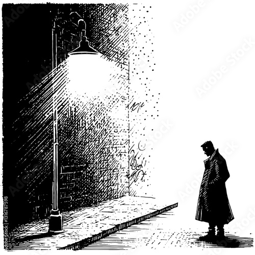 Mysterious figure stands under a streetlamp on a rainy night, capturing the allure of solitude in solitude