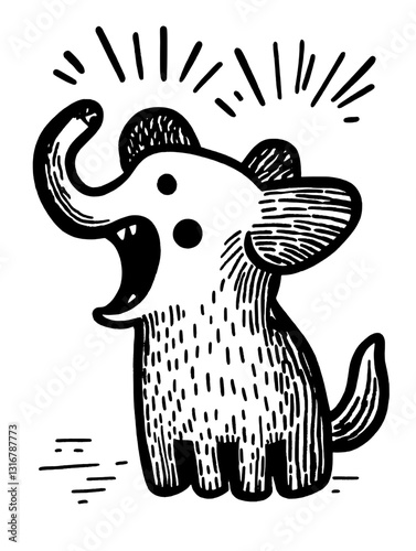 Playful and cheerful elephant character expressing joy with a big yawn in a whimsical black and white vector style