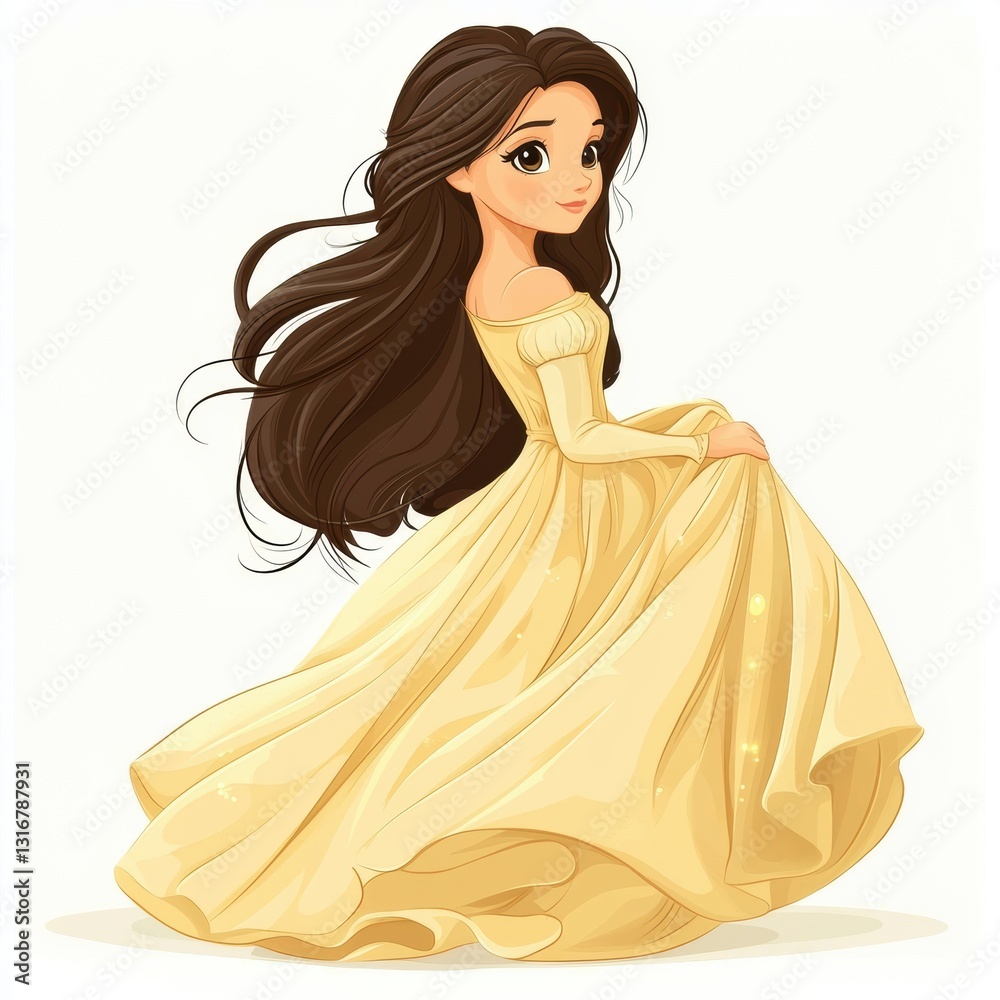 Lovely Princess in Flowing Gown Vector Illustration with Long Hair and Graceful Pose Lovely Princess in Flowing Gown Vector Illustration with Long Hair and Graceful Pose