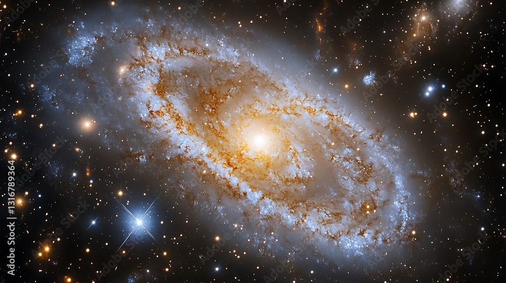 Naklejka premium Stunning image of a spiral galaxy, showcasing cosmic beauty and stellar formations.