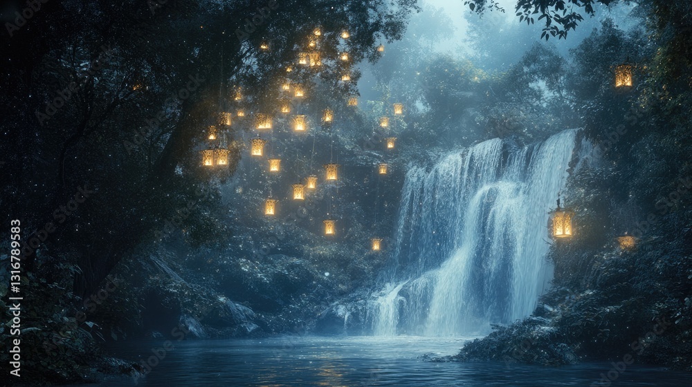 Obraz premium Enchanted Waterfall Surrounded by Glowing Lanterns in a Mystical Forest Setting at Night
