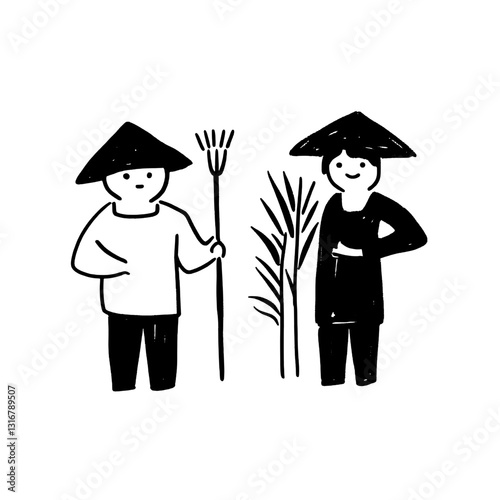 Farmers engage in rice cultivation, showcasing traditional attire and tools in a serene rural setting