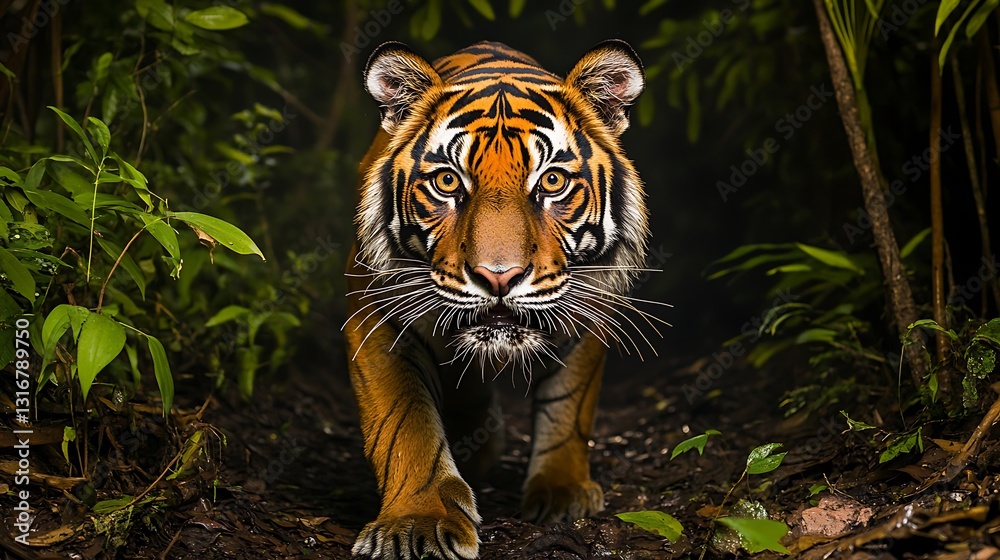 A majestic tiger prowls through a dense jungle, showcasing its powerful presence. A majestic tiger prowls through a dense jungle, showcasing its powerful presence.