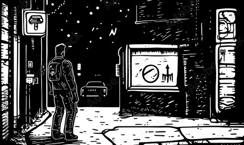 Urban wanderer gazes at a moonlit alley filled with mystery and shadows in a quiet city at dusk