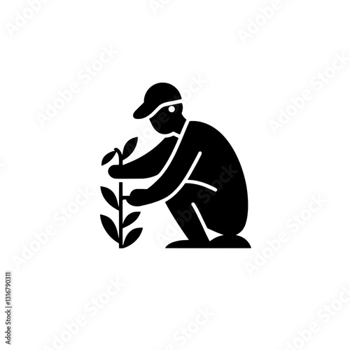 Gardener nurturing young plants in a tranquil outdoor setting during sunny daytime