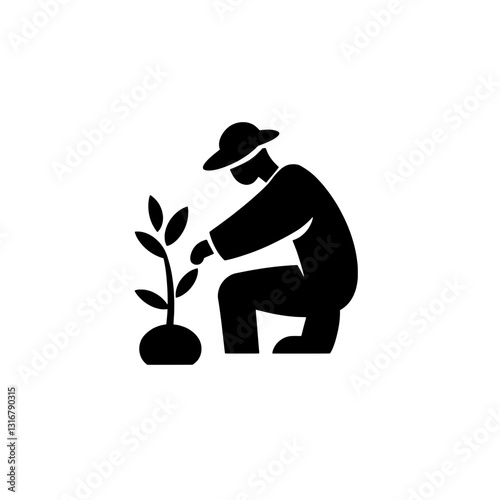 Gardening enthusiast kneels to nurture a young plant in a minimalist vector illustration