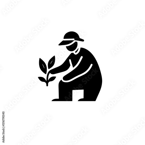 Gardener nurturing a young plant in a minimalist style representing eco-friendly practices and growth in a sustainable environment