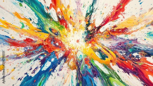 Colorful Abstract Explosion of Paint in Dynamic Swirls and Splashes on Canvas